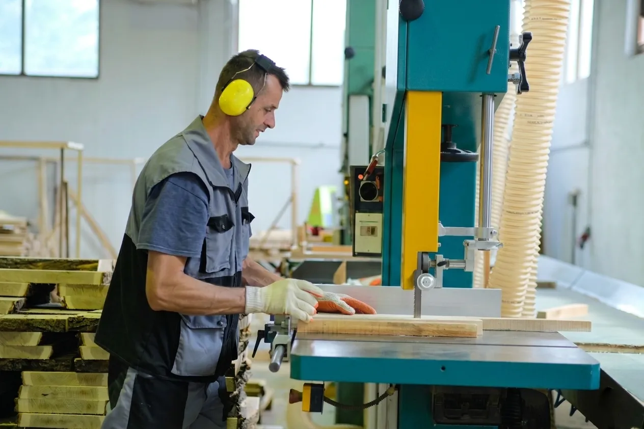 A sawyer running stock through a vertical bandsaw inside the Ilijaš plant.
