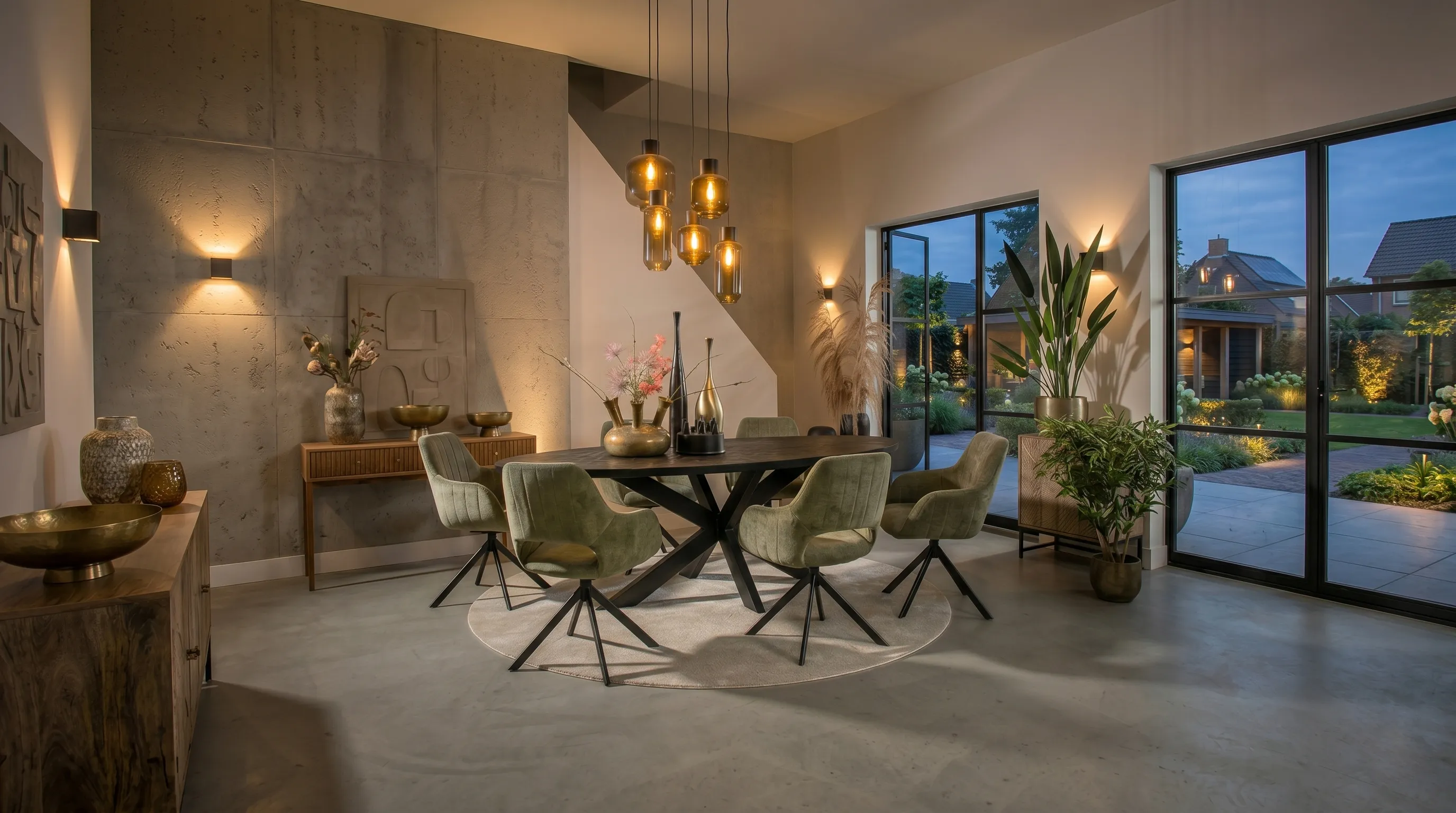 Evening dining setting with green upholstered chairs around a black-base oval table.