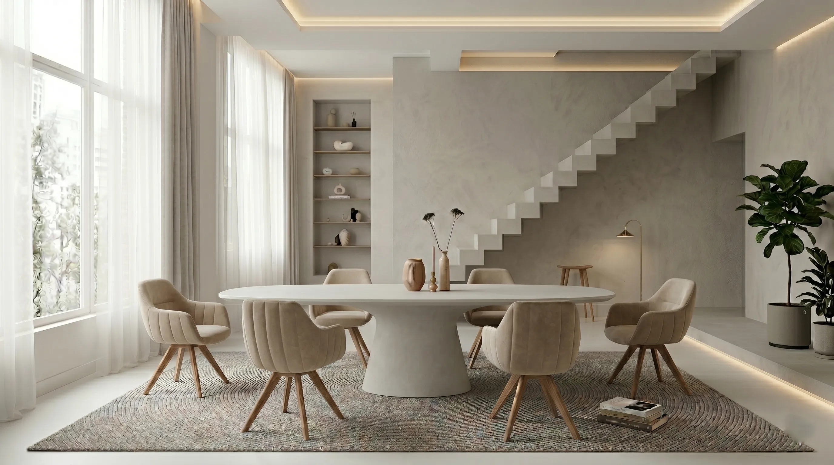Cream-toned dining room with tan upholstered chairs around a wooden table.