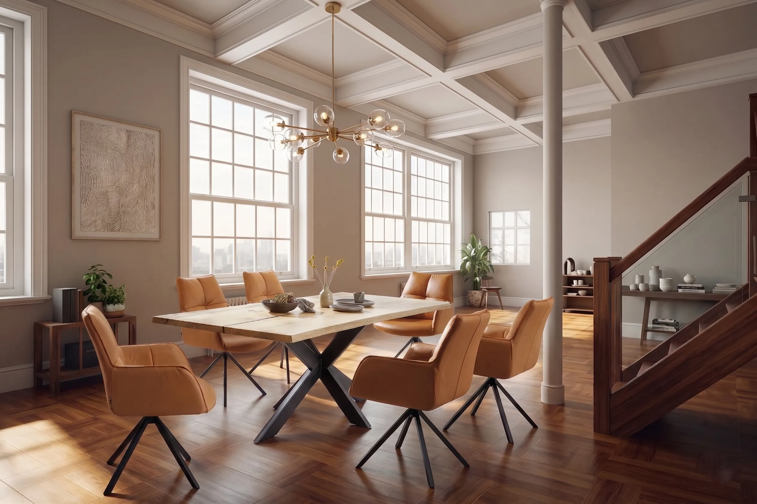 Coffered-ceiling dining room with cognac upholstered swivel chairs.